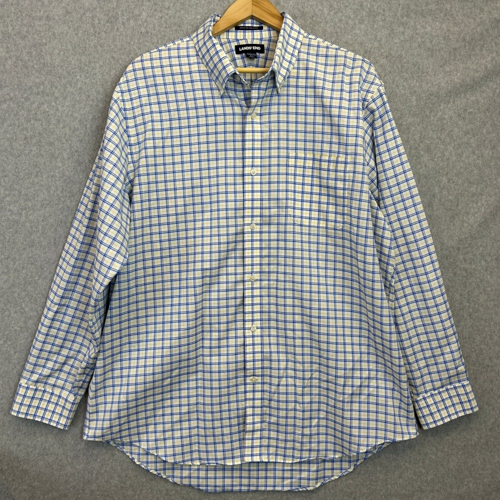 Lands End Button Down Shirt Blue Yellow Plaid Supima Cotton No Iron Mens 17.5 35
